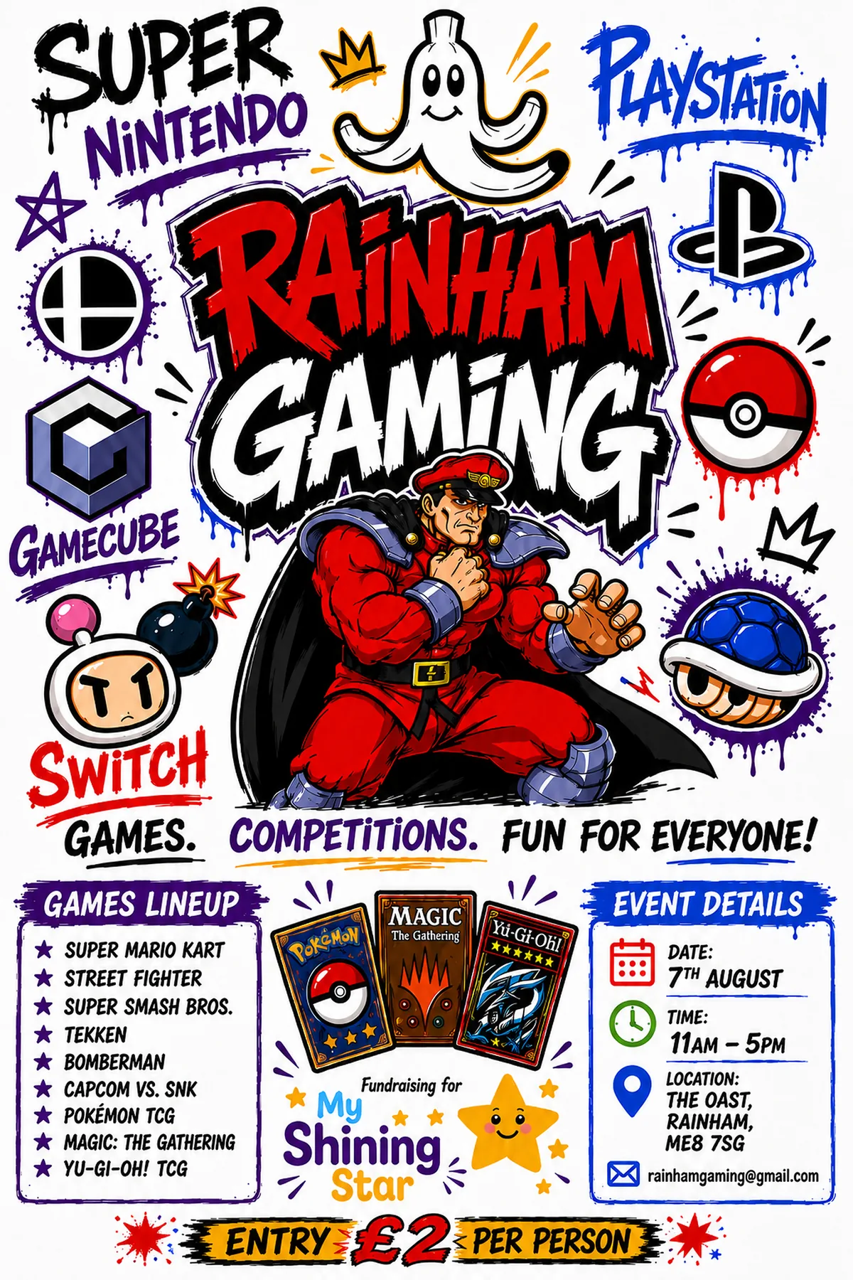 Rainham Gaming event poster showing games, competitions, entry price, event date, time and venue